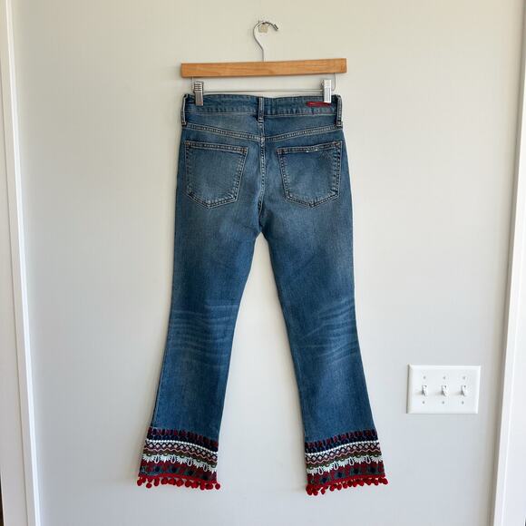 Pilcro by Anthropologie Mid-Rise Bootcut Embroidered Pom Pom Cropped Jeans 25 - Picture 3 of 10